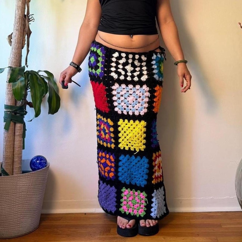 Vintage Handmade Crochet Granny Square Maxi Skirt Multicolor Boho Side Slit XL